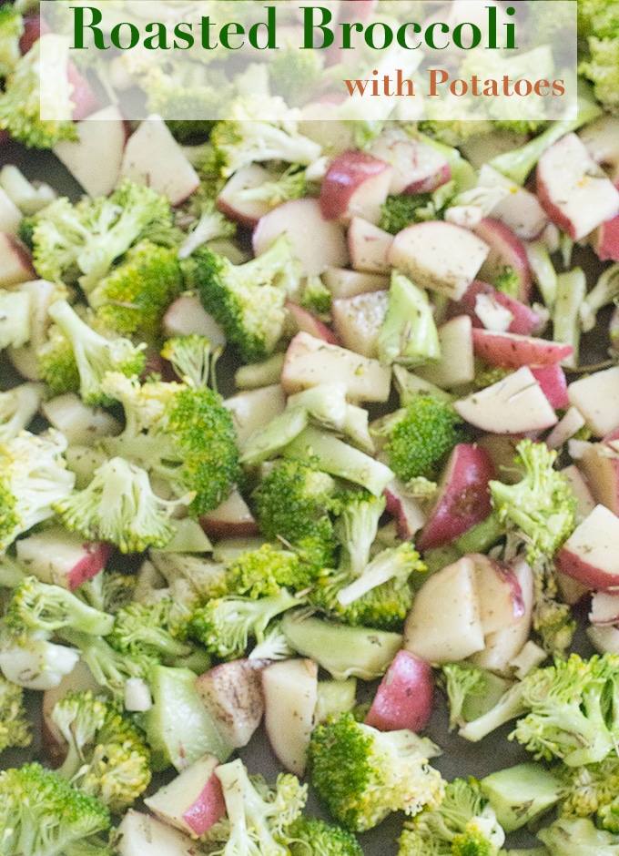 Overhead View of Uncooked Broccoli and Potatoes in a Baking Tray