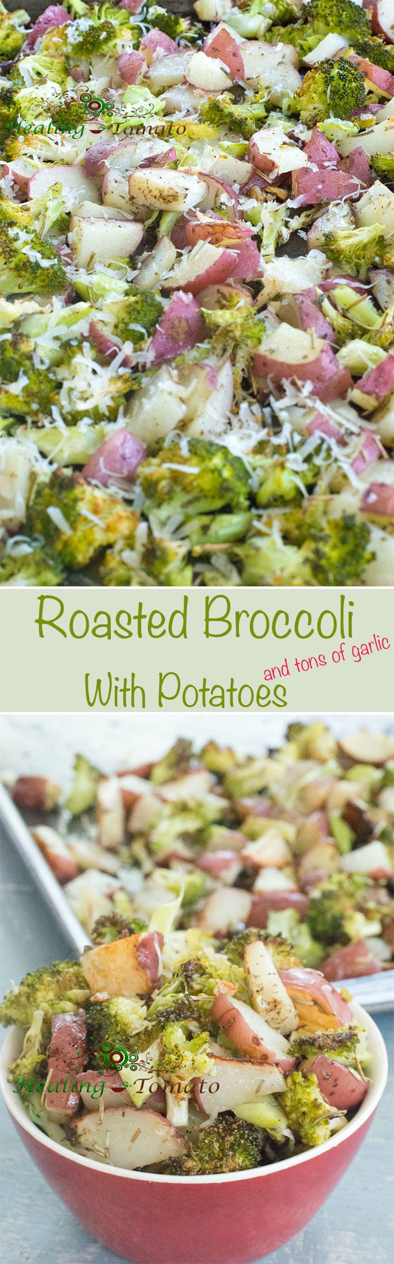 Roasted Broccoli and potatoes are a very simple combo of healthy and comfort food. They are roasted with tons of garlic, oregano, parsley, thyme and pepper.