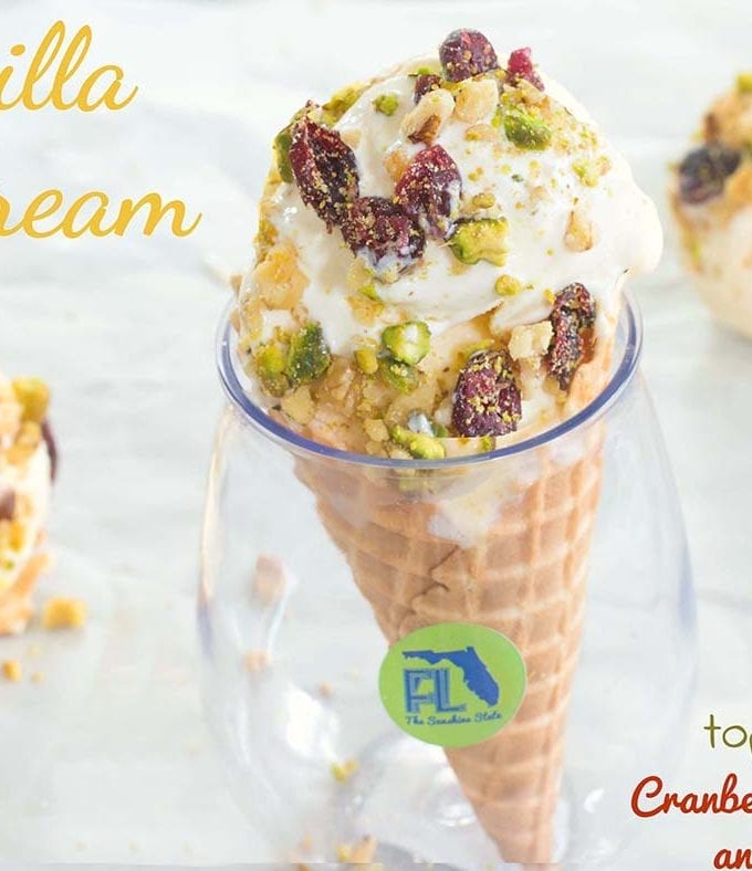 Mayfield Homemade Vanilla Ice Cream topped with Walnuts, Cranberries & Pistachios. Take the ice cream experience to a whole new level by putting it in cones