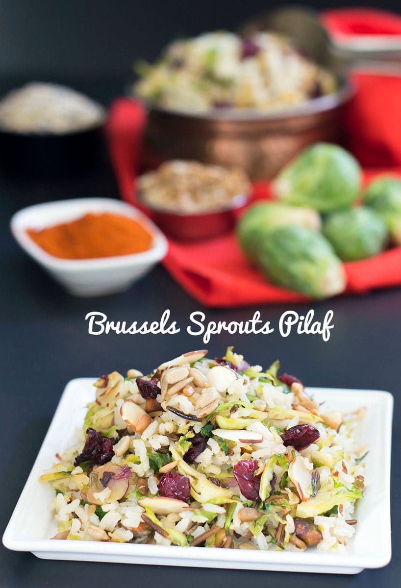 A healthy vegan dinner recipe made of Basmati Rice and Wild rice. The rice pilaf recipe has shredded Brussels sprouts and sunflower seeds. Vegetarian Dinner