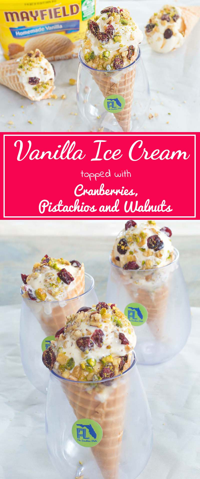 Mayfield Homemade Vanilla Ice Cream topped with Walnuts, Cranberries & Pistachios. Take the ice cream experience to a whole new level by putting it in cones
