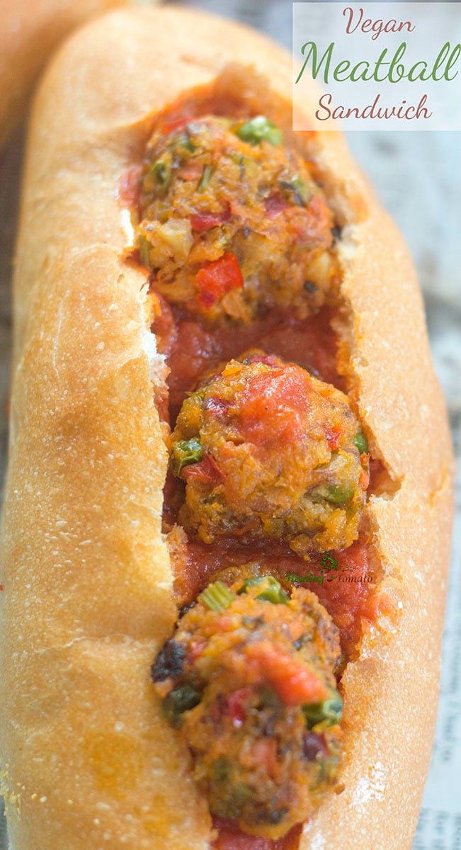 This easy meatball sandwich recipe (vegan) is made with sweet potato and cauliflower plus other fresh veggies. Perfect vegetarian lunch or dinner recipe.