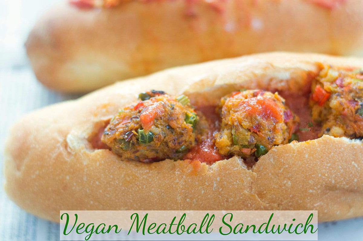 This easy meatball sandwich recipe (vegan) is made with sweet potato and cauliflower plus other fresh veggies. Perfect vegetarian lunch or dinner recipe.