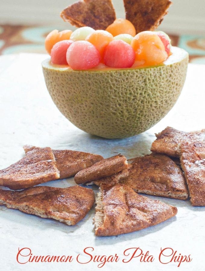 4 ingredients Baked cinnamon sugar pita chips are a quick and easy snack. Serve with dip for game day parties or eat as simple lunch served with fruit salsa