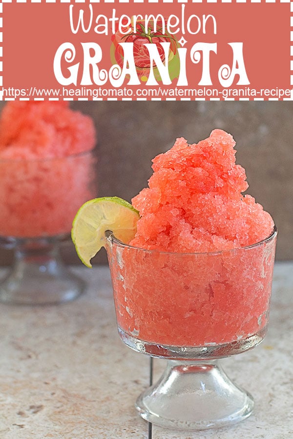 Homemade watermelon granita recipe is the perfect desserts idea.  Serve with limes #healingtomato #granita https://www.healingtomato.com/watermelon-granita-recipe/