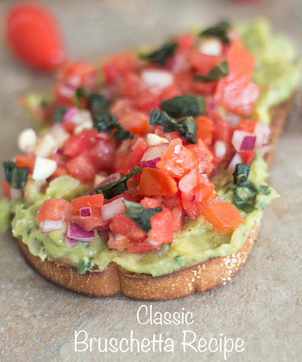 Front view of toast with guacamole and tomato bruschetta