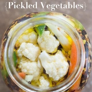 Pickled vegetables are easy to make using cauliflower, peppers, fennel, onions, garlic and carrots. Put any veggies in a simple vinegar and oil brine