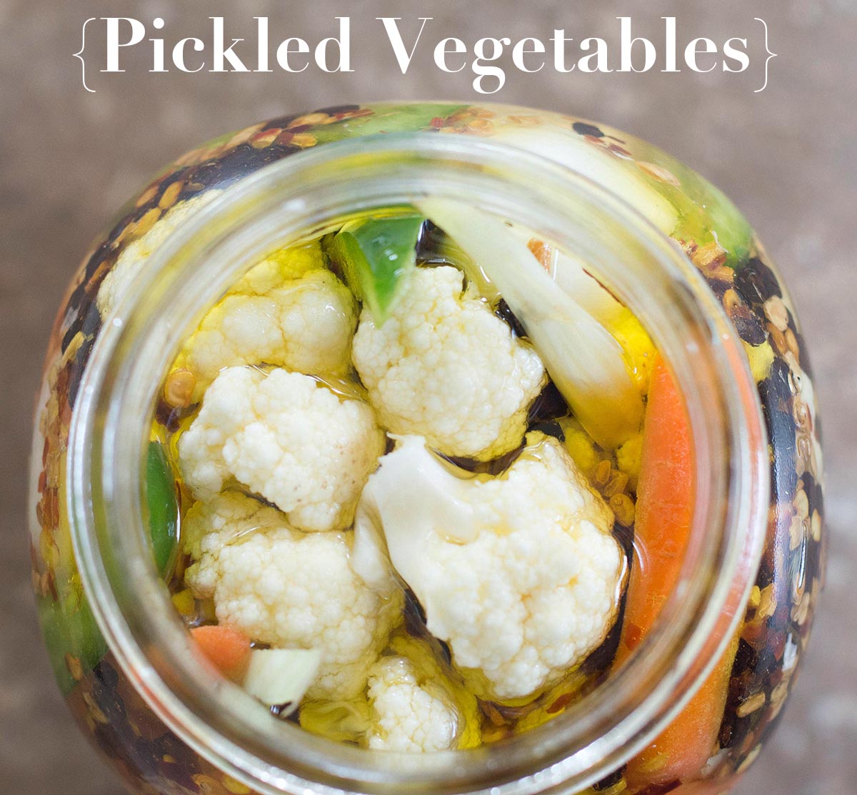 Pickled vegetables are easy to make using cauliflower, peppers, fennel, onions, garlic and carrots. Put any veggies in a simple vinegar and oil brine