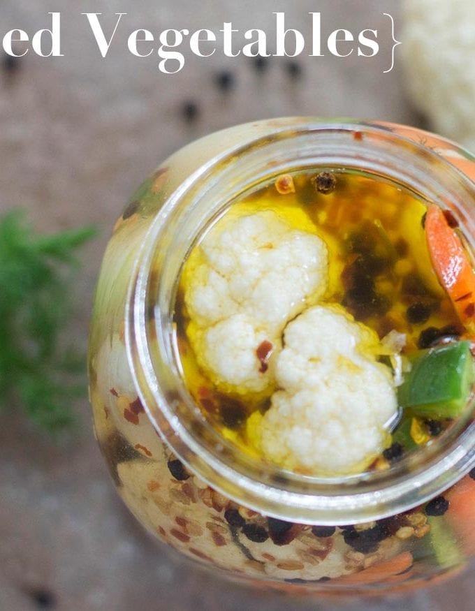 Pickled vegetables are easy to make using cauliflower, peppers, fennel, onions, garlic and carrots. Put any veggies in a simple vinegar and oil brine