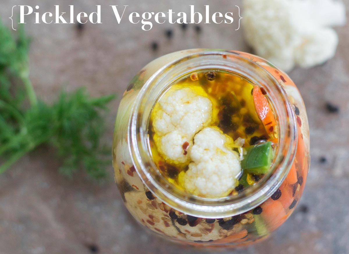 Pickled vegetables are easy to make using cauliflower, peppers, fennel, onions, garlic and carrots. Put any veggies in a simple vinegar and oil brine