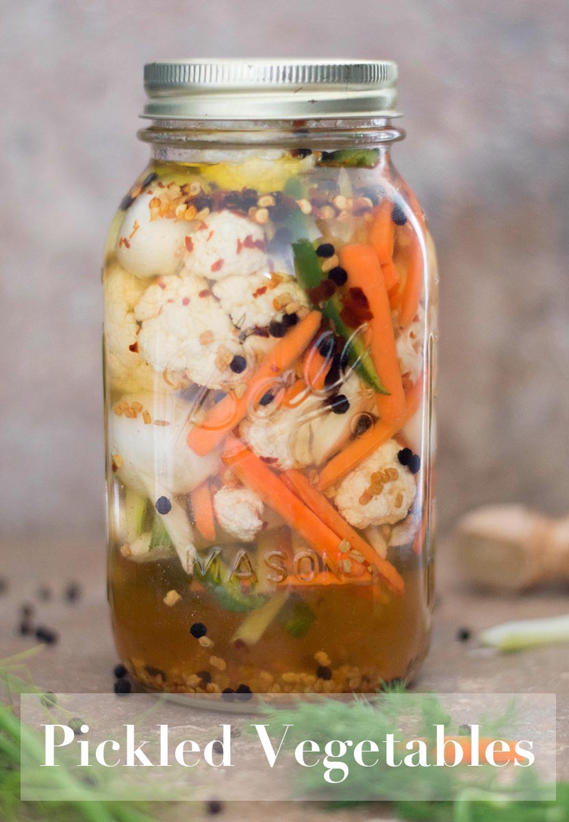 Pickled vegetables are easy to make using cauliflower, peppers, fennel, onions, garlic and carrots. Put any veggies in a simple vinegar and oil brine