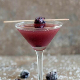 Front view of a martini glass filled with purple liquid and a blackberry garnish