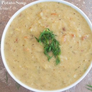 Vegan roasted potato soup with fennel & dill. It is an easy potato soup recipe made using cream of coconut. Comfort food recipe for cold or rainy days