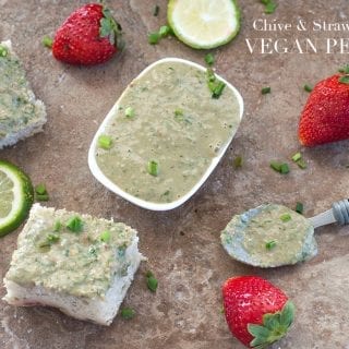Vegan pesto spread with chives and Florida Strawberries. Takes only 7 Ingredients and made in less than 5 minutes. Use it on sandwiches or pita recipes