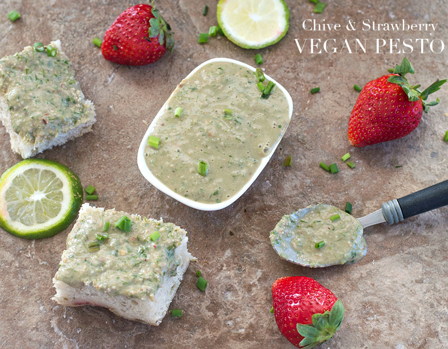 Vegan pesto spread with chives and Florida Strawberries. Takes only 7 Ingredients and made in less than 5 minutes. Use it on sandwiches or pita recipes