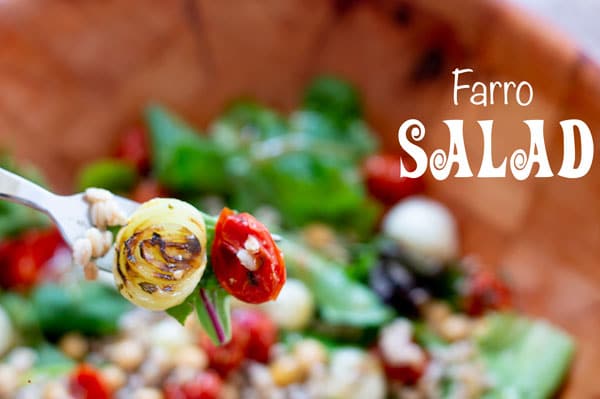 A fork filled with grilled pearl onions and grilled cherry tomatoes hovering over the bowl of farro salad