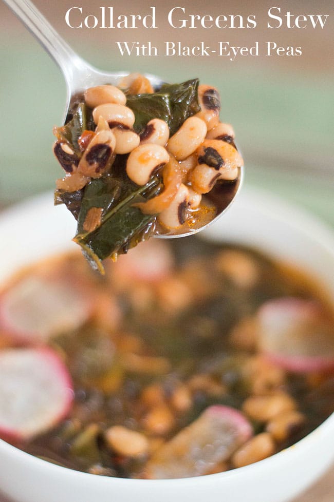 My vegan collard greens stew with black eyed peas is the perfect dinner meal. Packed with vitamins and nutrients. Healthy, hearty stew for the whole family