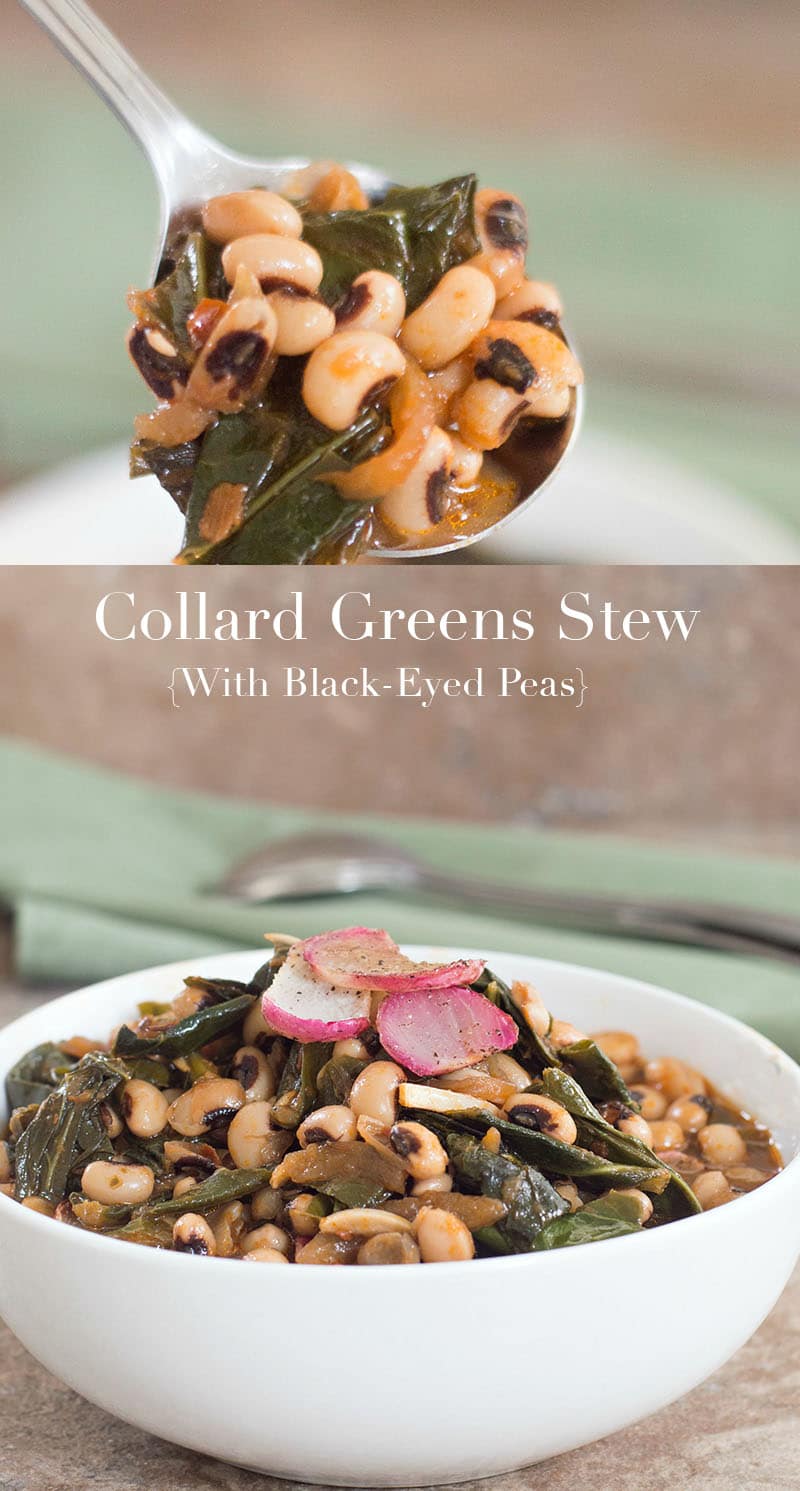 My vegan collard greens stew with black eyed peas is the perfect dinner meal. Packed with vitamins and nutrients. Healthy, hearty stew for the whole family