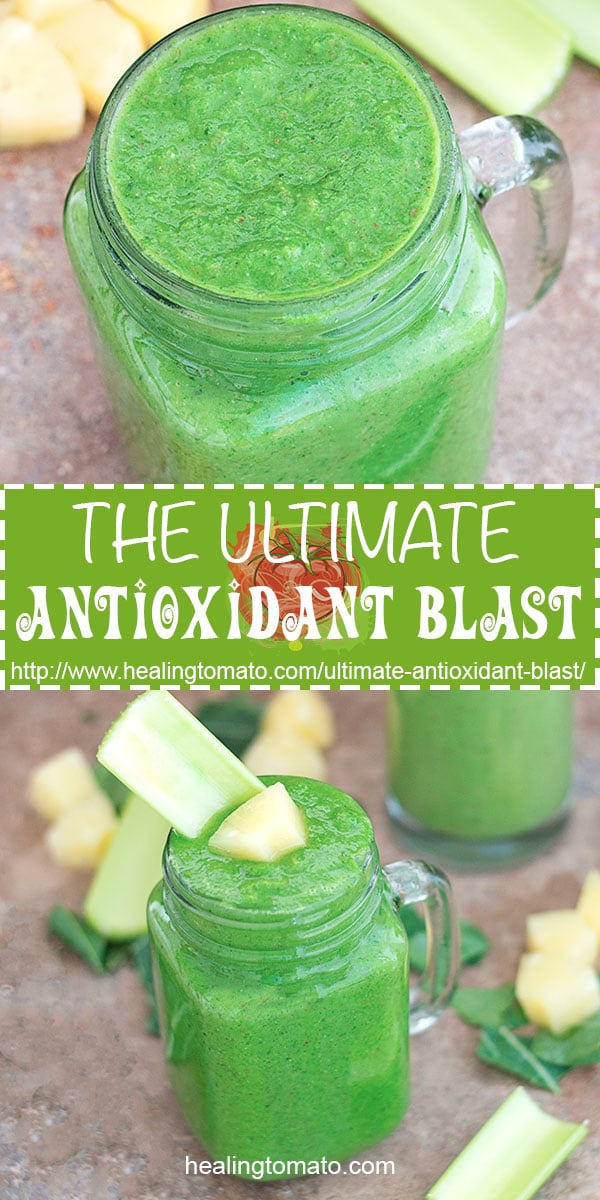 7-ingredient, 15 minute easy green smoothie. This ultimate antioxidant blast is the best smoothie to make each morning. I used collard greens in it! Collard green recipes, green smoothies, healthy smoothies, healthy smoothie recipes, easy smoothie recipes #greensmoothies #antioxidant #drinks #smoothies #healhty #collardgreens #vegan #veganrecipes https://www.healingtomato.com/ultimate-antioxidant-blast/