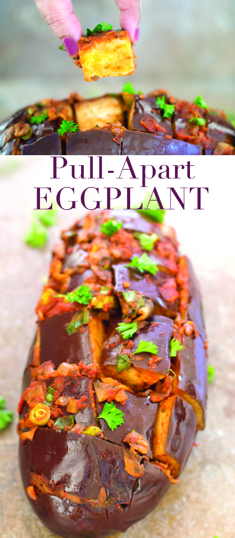 Quick and easy healthy eggplant recipe. This pull-apart eggplant appetizer is so easy to make. Baked eggplant topped with marinara, green onions & mushroom