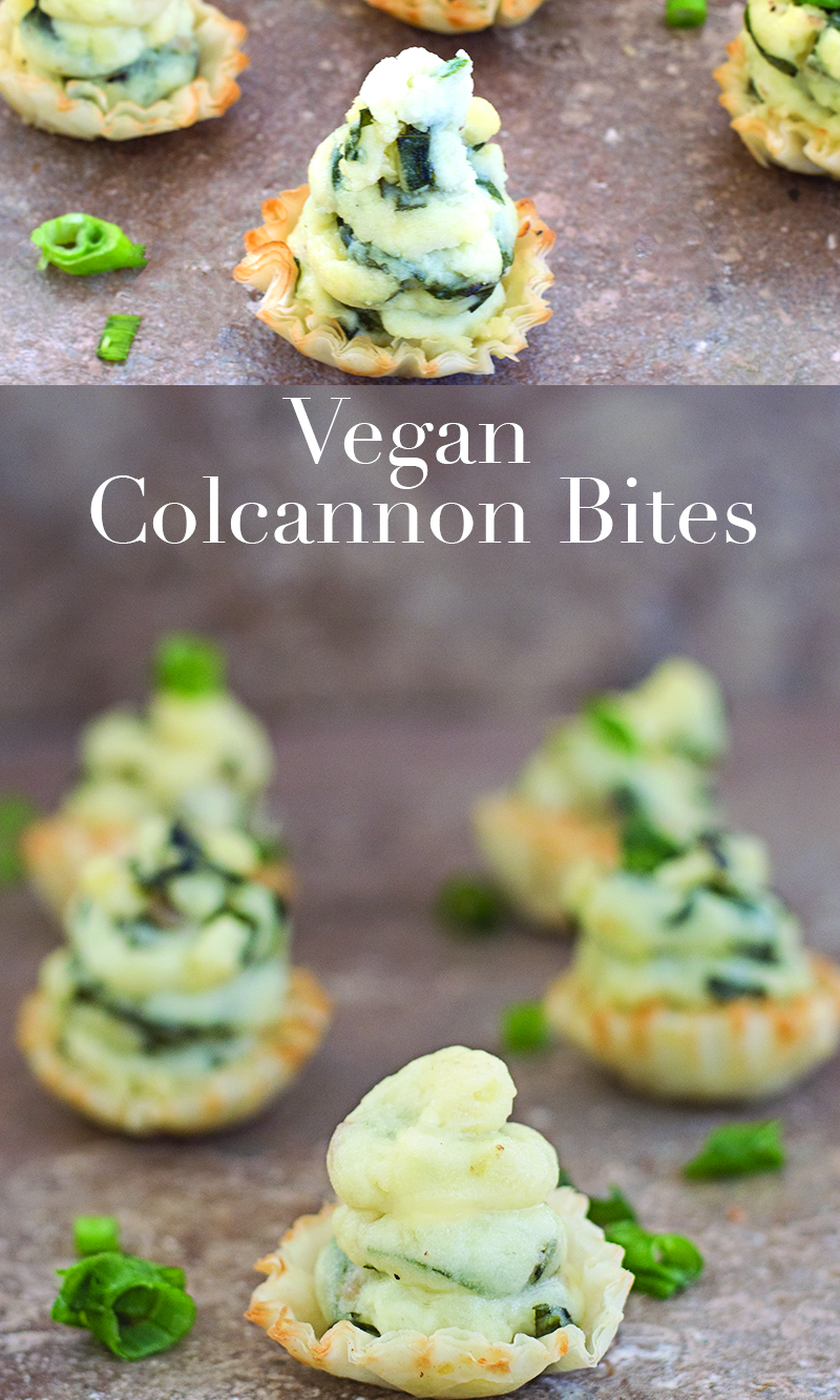 Vegan colcannon recipe like you have never seen before. Made with collard greens and topped in filo shells. Great appetizer for your St. Patrick's day menu
