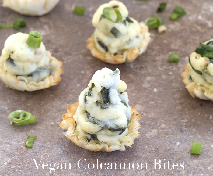 Vegan colcannon recipe like you have never seen before. Made with collard greens and topped in filo shells. Great appetizer for your St. Patrick's day menu