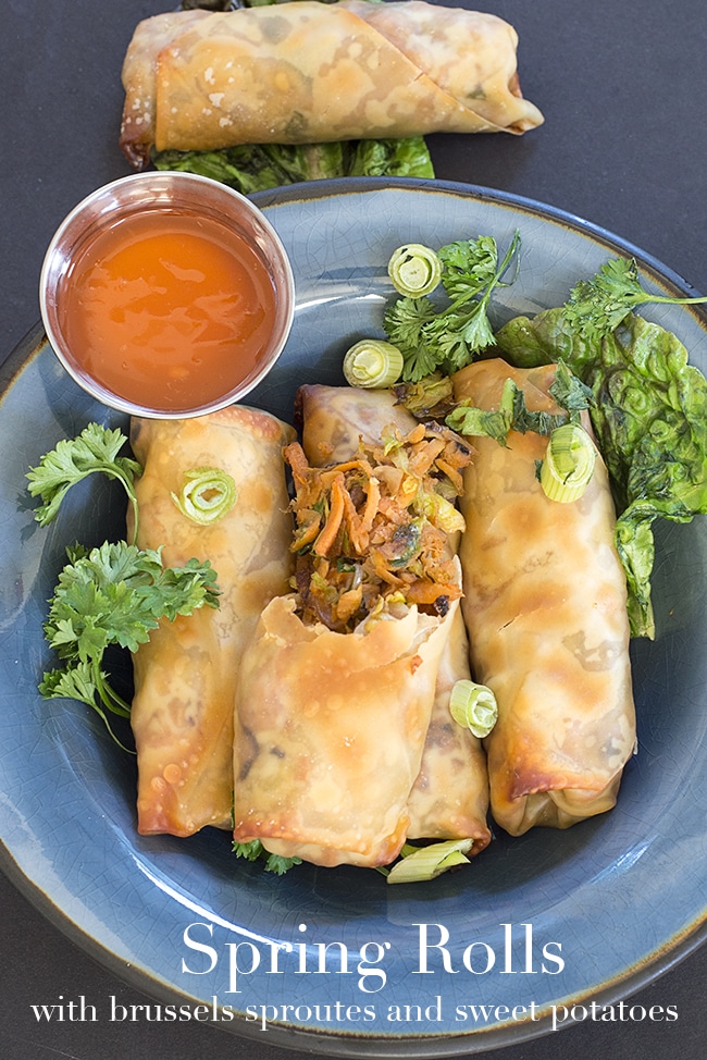 Baked vegan spring rolls made with Brussels sprouts and sweet potatoes. Quick and easy lunch recipe is a twist on the traditional Chinese recipe staple.