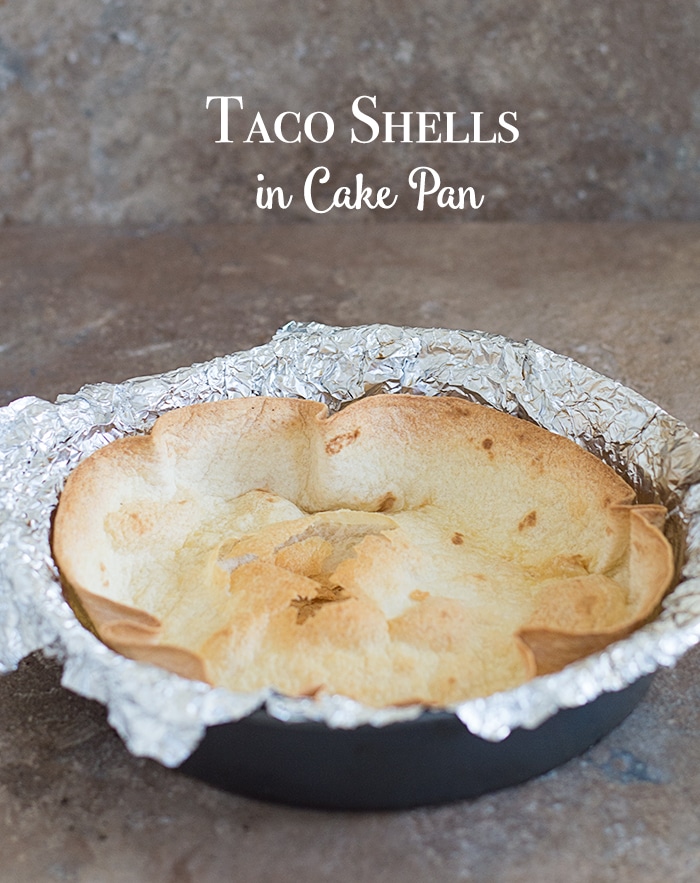 Overhead view of a tortilla bowl baked in a cake pan - Make Taco bowls in a cake pan