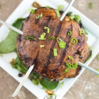 Overhead View of Grilled Portobello Mushrooms Placed on a Bed of Greens and on a Small Square White Plate. There is a Stainless Steel Skewer Pierced through the top Grilled Mushroom. A Second Skewer Pierced Through the Mushroom Below it is Partially Visible