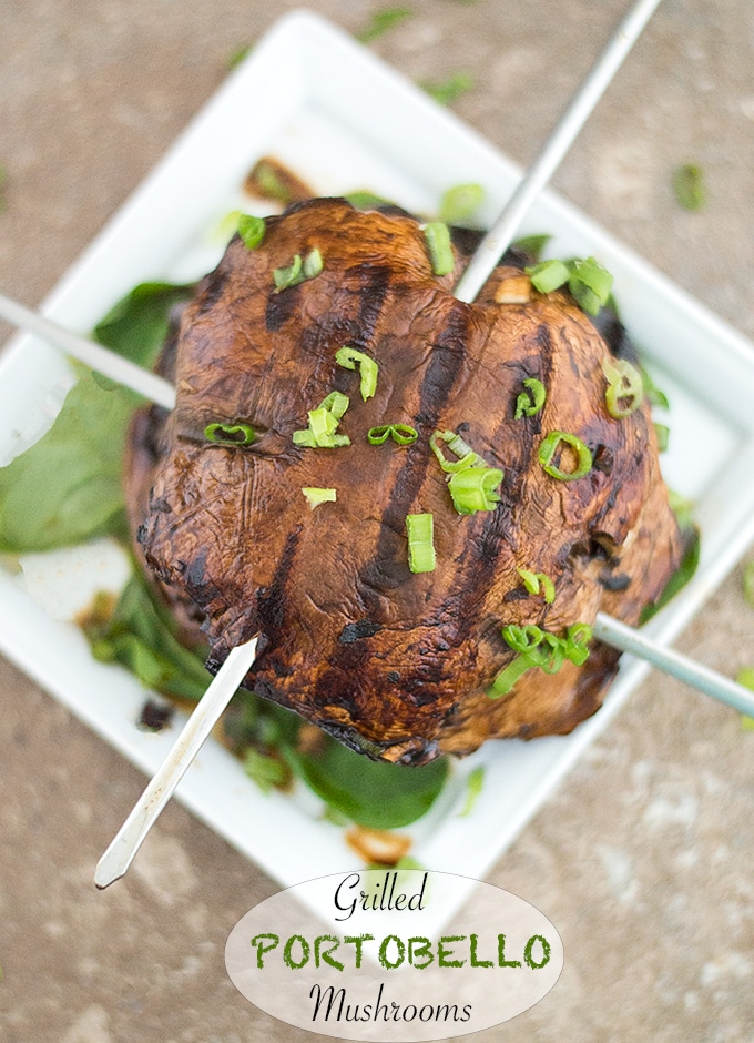 Overhead View of Grilled Portobello Mushrooms Placed on a Bed of Greens and on a Small Square White Plate. There is a Stainless Steel Skewer Pierced through the top Grilled Mushroom. A Second Skewer Pierced Through the Mushroom Below it is Partially Visible