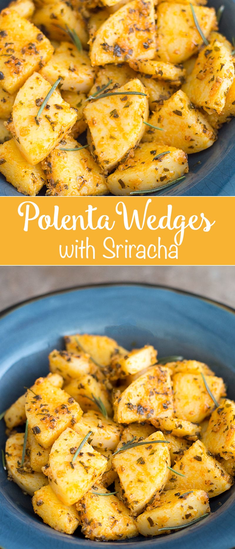 Polenta wedges quickly stir fried in dried spices and topped with Sriracha sauce. These polenta wedges make for a great snack or a side dish