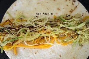 Overhead view of Butternut Squash and Zucchini Zoodles on tortilla - Souvlaki