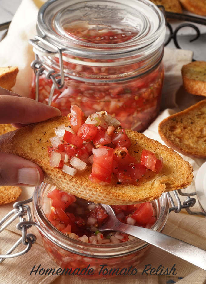 Overhead view of Homemade Tomato Relish on a piece of bread