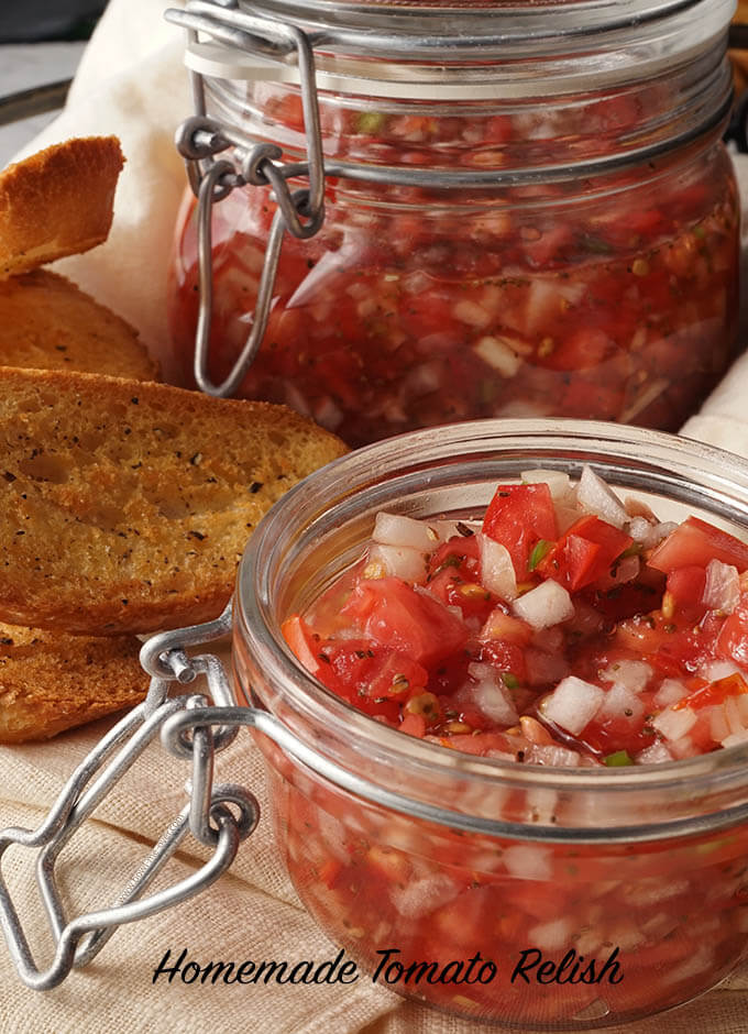 closeup view of tomato relish in a mason jar