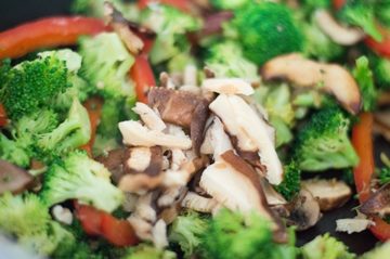 Broccoli, Mushrooms, Red Bell Peppers, Wet Shitake Mushrooms in Stir Fry Pan