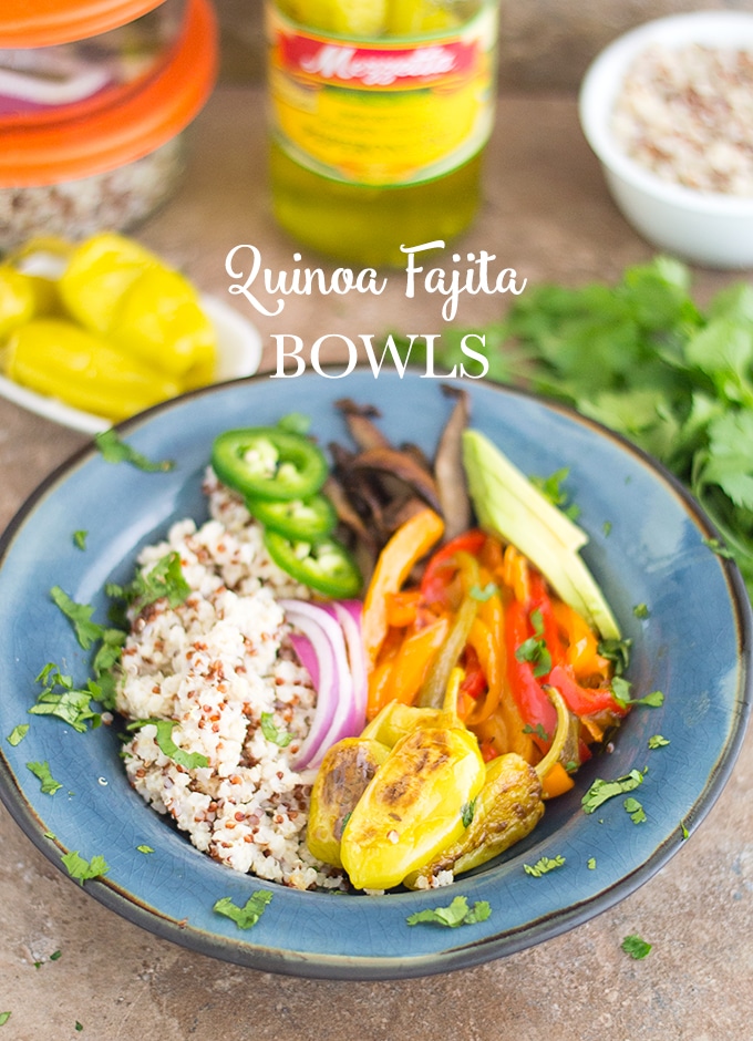 Quick and easy Vegan Quinoa Fajita Bowls with fresh bell peppers. Make this simple recipe and put it in meal prep containers to enjoy it all week. #mealprep #healthy #comfortfood #vegan #vegetarian #quinoa #fajita #mexican 75° Angled Photo of A Dark Blue Plate Filled With Quinoa on the Left. On the Right, There are Cooked Red Bell Peppers, Mushrooms, Peperoncini, Red Onions and Jalapeno. Garnished with Chopped Cilantro. In the Background, There is a Small White Plate Filled with Peperoncini. There is Mezzetta's Peperoncini Jar, Cilantro and Filled. Vegan Quinoa Fajita Bowls (Meal Prep)
