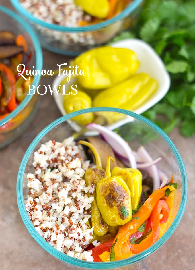 Quick and easy Vegan Quinoa Fajita Bowls with fresh bell peppers. Make this simple recipe and put it in meal prep containers to enjoy it all week. #mealprep #healthy #comfortfood #vegan #vegetarian #quinoa #fajita #mexican Overhead View of a Small Glass Bowl Filled With Quinoa on the Left. On the Right, There are Cooked Red Bell Peppers, Mushrooms, Peperoncini, Red Onions. 2 Other Bowls Filled Similarly are Partially Visible on the Left and Top of the Main Bowl. In the Space Between the 3 Bowls, A Small White Bowl Filled with Peperoncini is Sitting on Top A Bunch of Cilantro