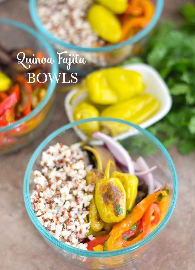 Overhead View of a Small Glass Bowl Filled With Quinoa on the Left. On the Right, There are Cooked Red Bell Peppers, Mushrooms, Peperoncini, Red Onions. 2 Other Bowls Filled Similarly are Partially Visible on the Left and Top of the Main Bowl. In the Space Between the 3 Bowls, A Small White Bowl Filled with Peperoncini is Sitting on Top A Bunch of Cilantro