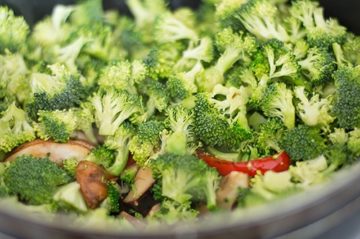 Broccoli, Mushrooms, Red Bell Peppers in Stir Fry Pan