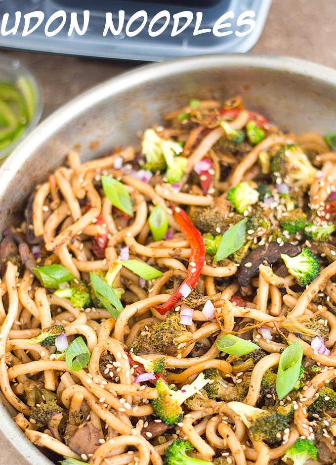 Overhead View of Stir Fried Udon Noodles in a Stainless Steel Pan.