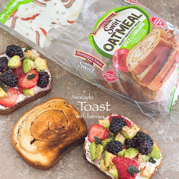 Overhead view of Pepperidge Farm Swirl Oatmeal Bread Partially Used. On its Side, 3 Slices of Toast. 2 of the Toasts are Topped with the Avocado Toast Ingredients. The Other is Just Toasted