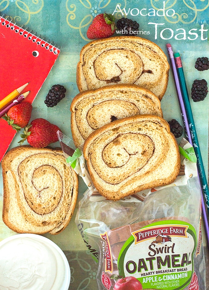 Overhead view of Pepperidge Farm Slices Falling out of the Loaf Bag. Surrounded by Pencils, Notebook and Berries.