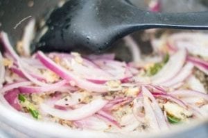 Onions added to pan - Vegan Bombay Potatoes