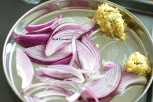 Julienned Onions, Grated ginger and garlic on a steel plate