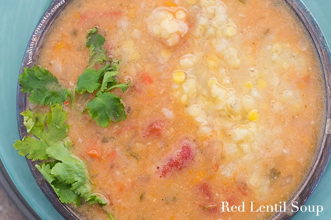 Overhead and Closeup View of a Bowl Filled with pressure cooker red lentil soup