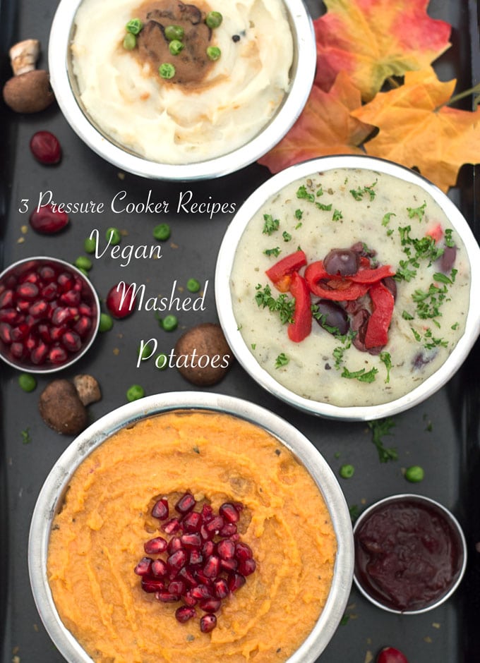 Overhead view of 3 steel bowls filled with 3 different vegan mashed potato recipes - 3 Pressure Cooker Vegan Mashed Potatoes