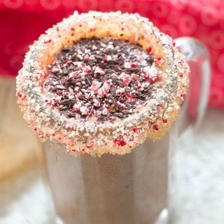 Overhead View of a glass with hot chocolate with Chocolate and peppermint garnish