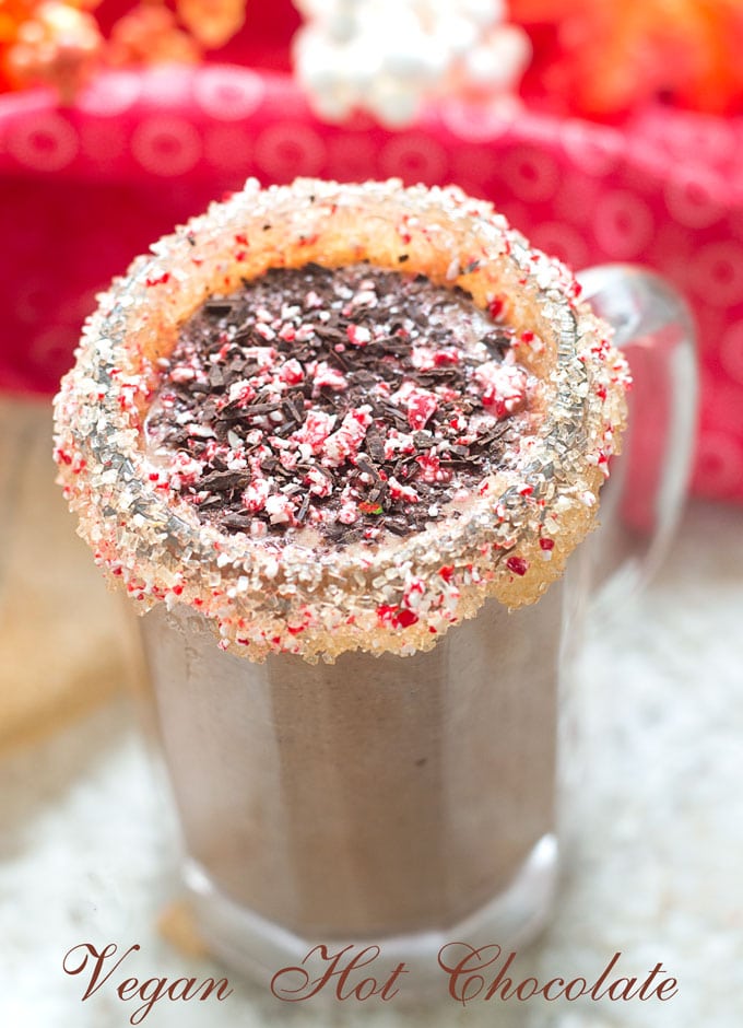 Overhead View of a glass with vegan hot chocolate with Chocolate and peppermint garnish