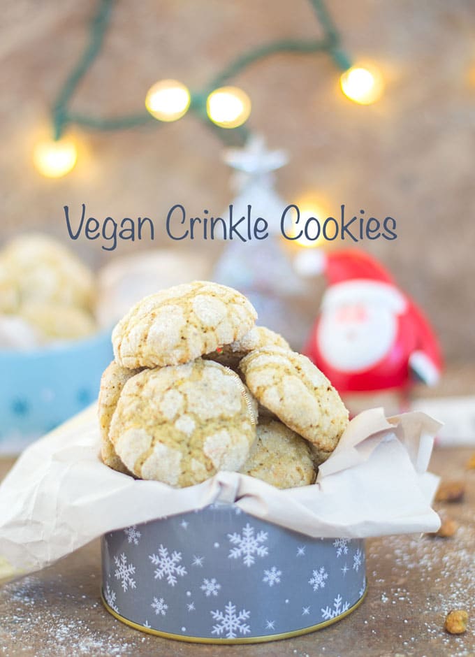 Vegan Crinkle Cookies in a Festive Can With Lights in the Background