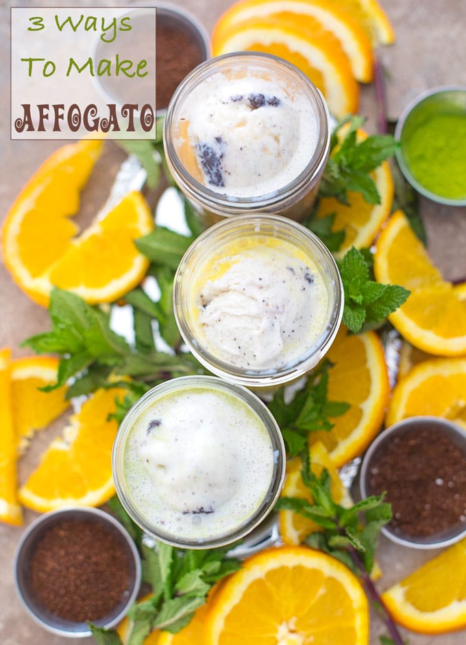 Overhead view of 3 Mason Jars filled with 3 different types of affogato and surrounded by orange slices, coffee, matcha powder and mint leaves